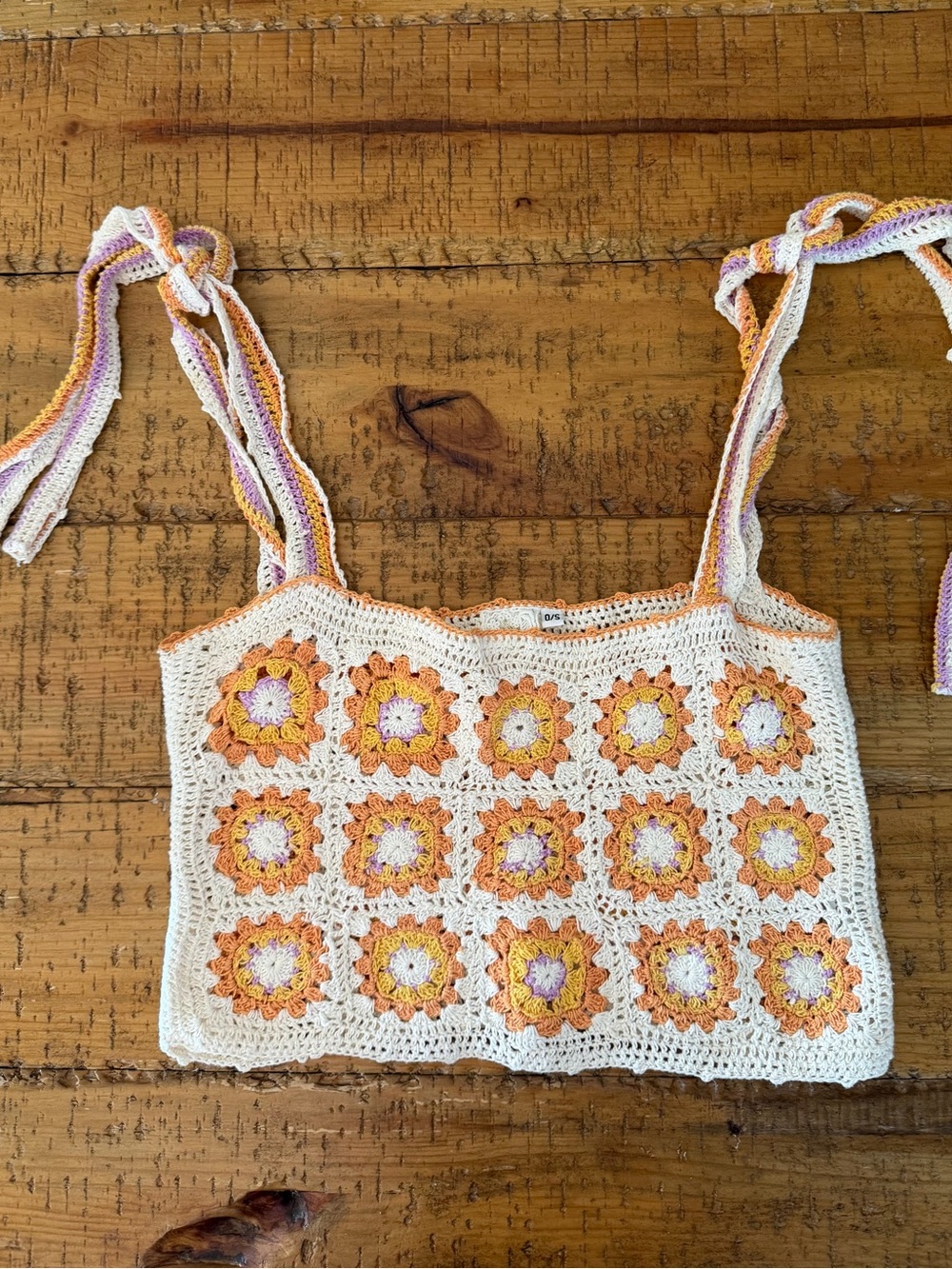 Sadie & Sage Cream Crochet Crop Top with Orange and Lavender Accents